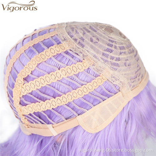 Vigorous Synthetic Short Bob Wigs for Black Women with Bangs Water Wave Purple Hair Wig Natural Cosplay Wigs